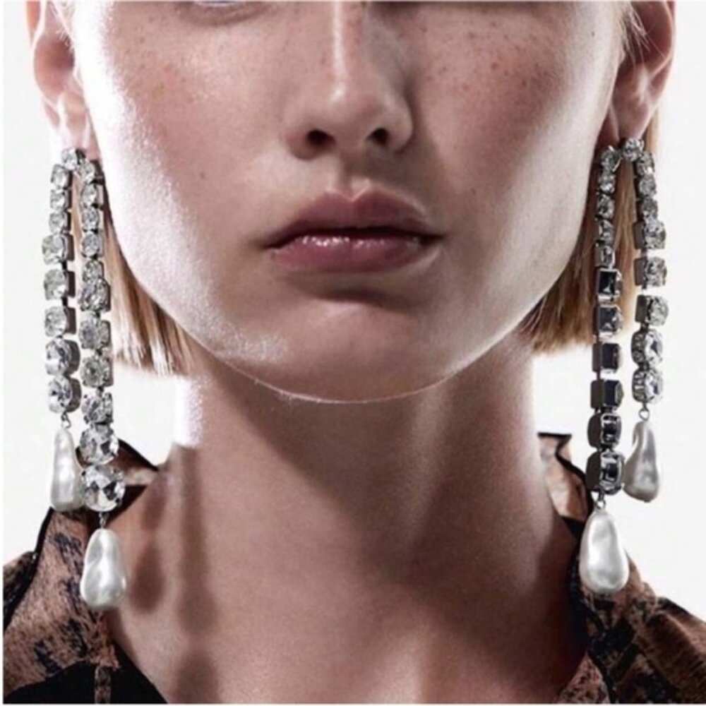 New! Zara Rhinestone Pearl Drop Earrings (3039) NWOT